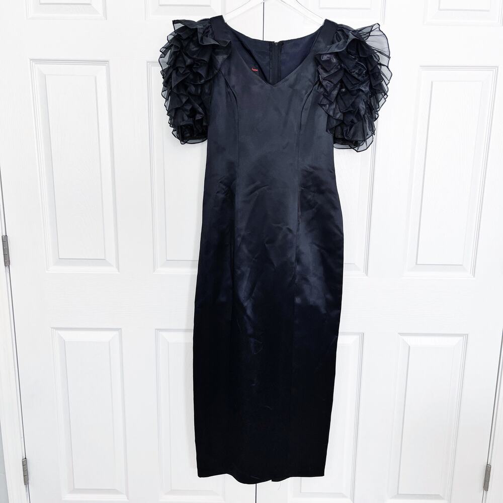 Vintage Jolie Madame Black Satin Maxi Sheath Pencil Dress Puff Sleeves